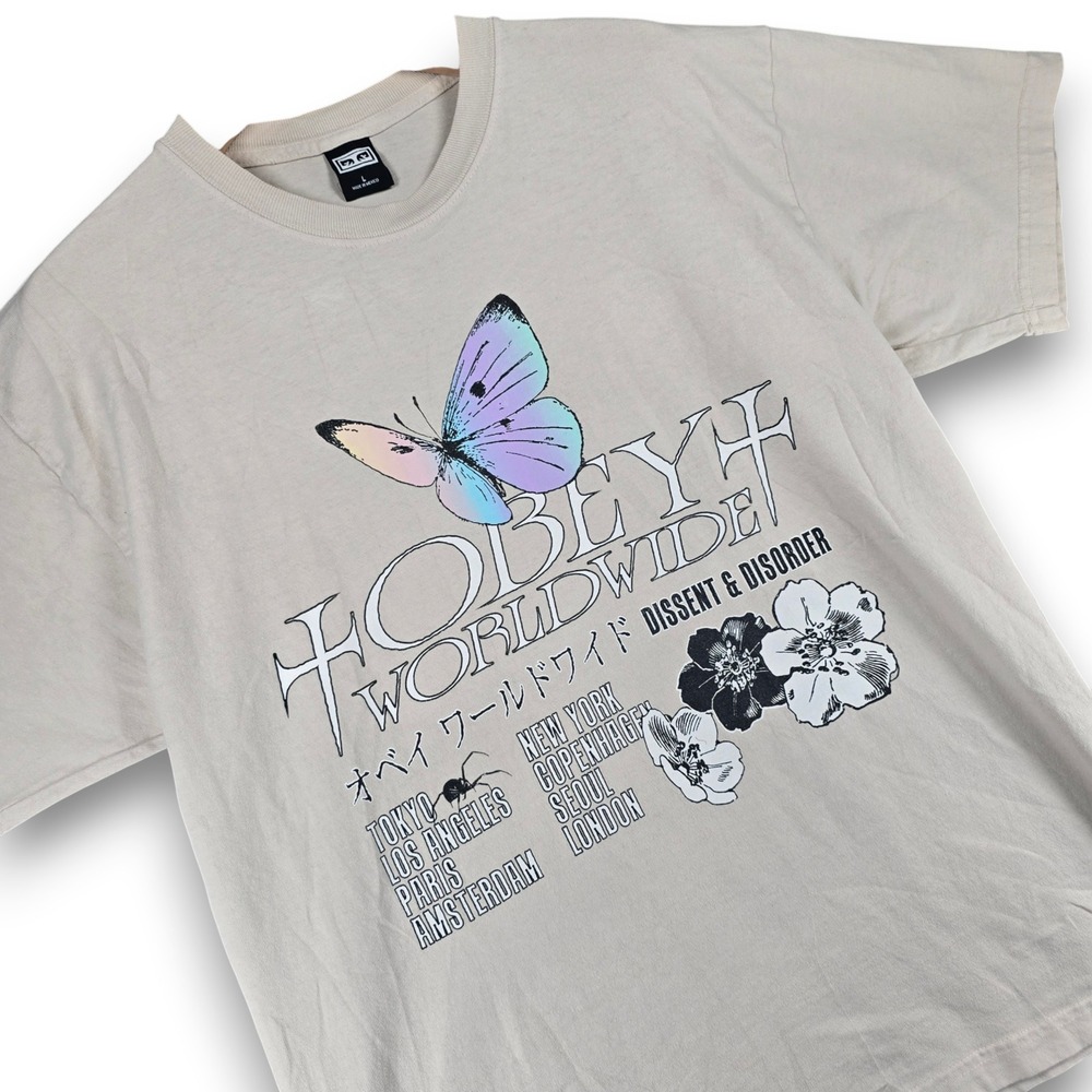 Obey Worldwide Dissent Disorder T Shirt Mens Large Tan Cotton Butterfly Graphic